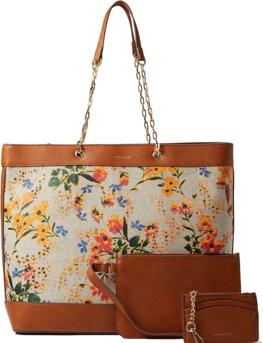 Anne Klein Bags * | Floral Cork Triple Compartment Chain Tote W/ Card Case Anne Klein Fashion